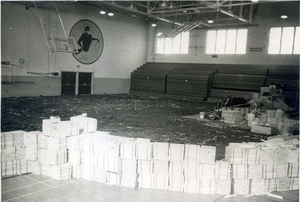 Gym floor being replaced. Best that I remember it was because of a roof leak. 
(Photo Credit: Craig Stallings)