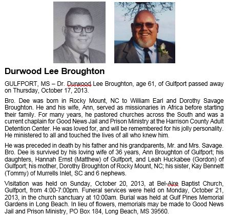 Durwood Lee Broughton - October 17, 2013