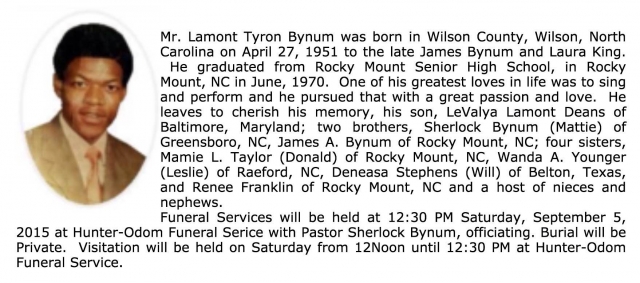 Lamont Tyron Bynum -
April 27, 1951 - August 31, 2015