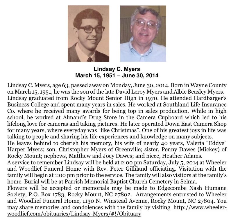 Lindsay C. Myers, March 15, 1951 - June 30, 2014