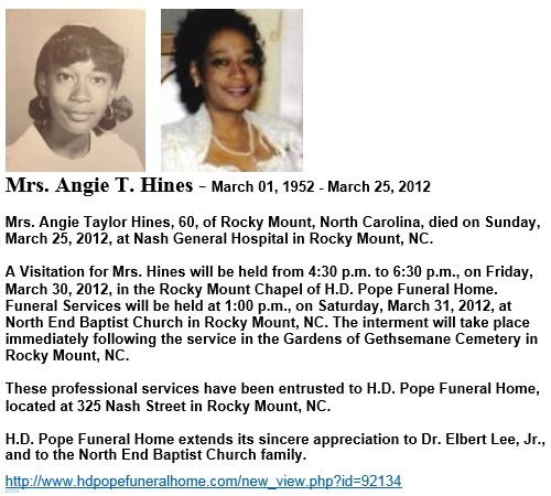 Angie Taylor Hines:  March 1, 1952 - March 25, 2012